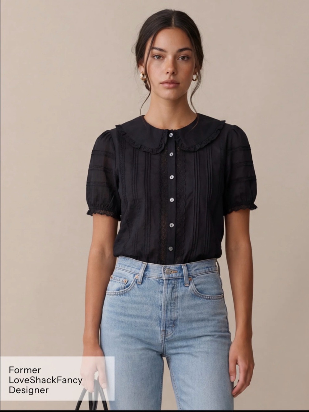Sorella Dorothy Cotton Top Black Lace Pintuck Blouse NWT $197.50